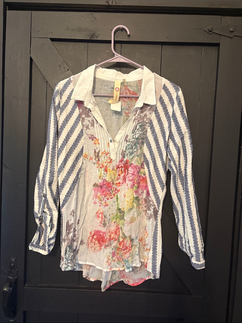 Floral Panel Button-Front Blouse with Blue Stripe Sleeves